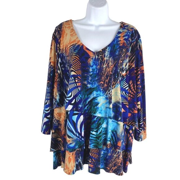 Susan Graver Top Women's 3X Tiered Multicolored Print V-Neck - Picture 3 of 5